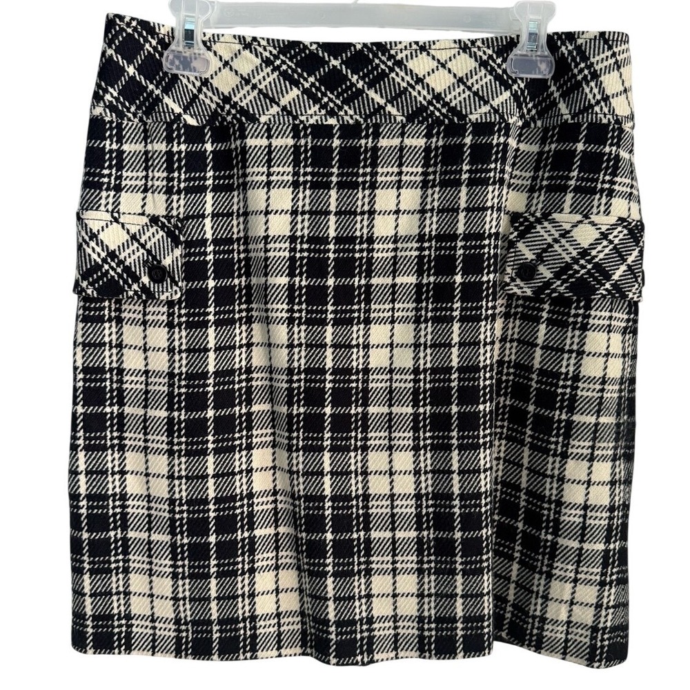 Dalia Women Black Cream Plaid Wool Blend Mini Skirt Size 10 Cargo Pockets